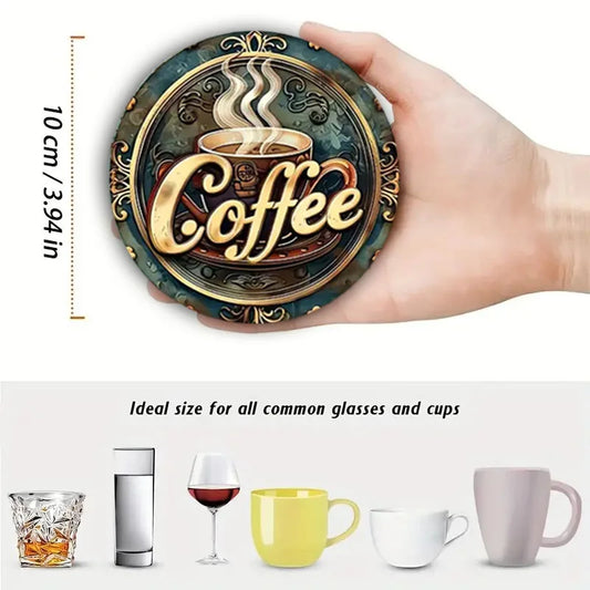 6er Set runde Holzuntersetzer mit Kaffeetassenmuster für Tischschutz