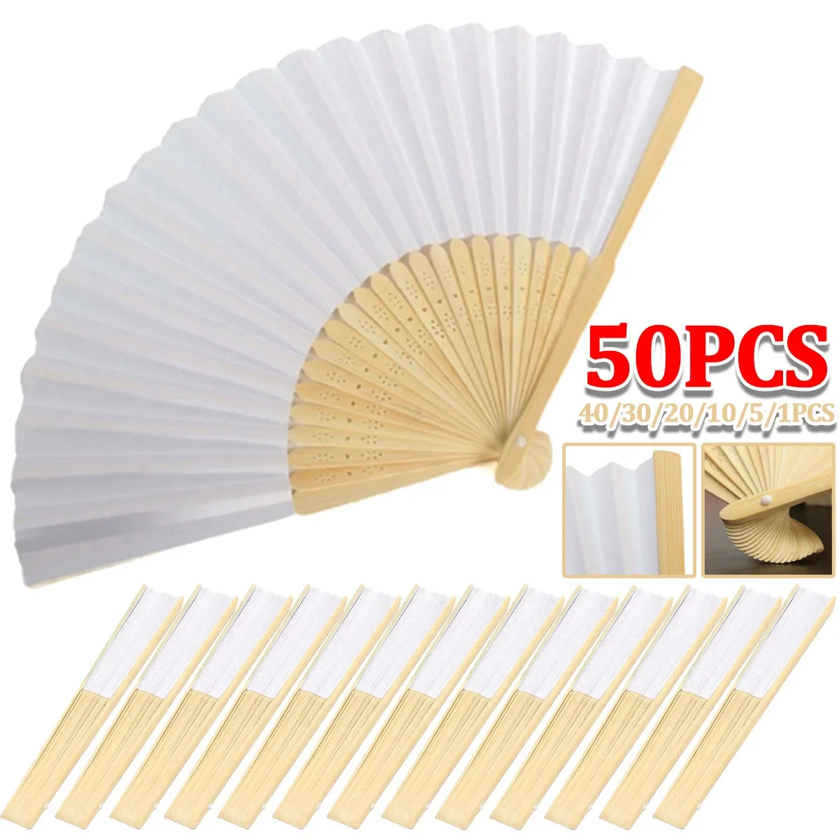Kreativer weißer Bambus-Papier-Faltfächer – DIY, Hochzeit - Geschenkideen, 1-50 Stück