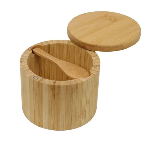 Bambus Salzkeller mit Mini-Löffel Drehverschluss Gewürzbehälter rund