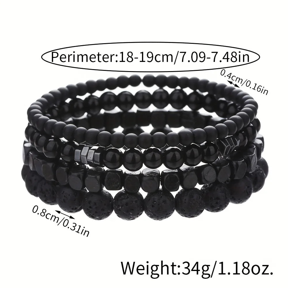 Vulkangestein Armband Set mit Holzperlen elastisch für Damen Herren