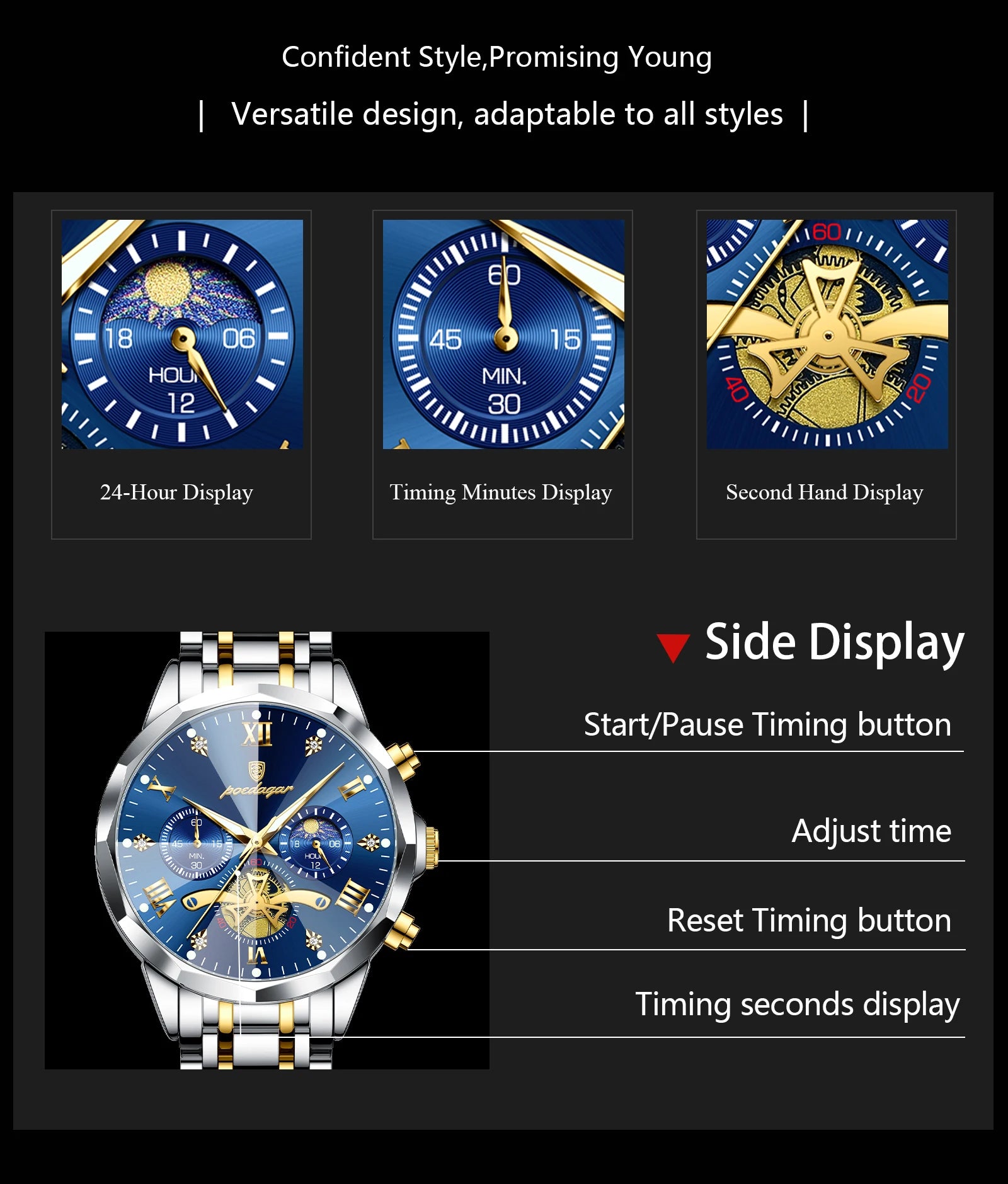 Wasserdichte Luxusuhr mit Chronograph und Edelstahlarmband Herren-Yabubestshop