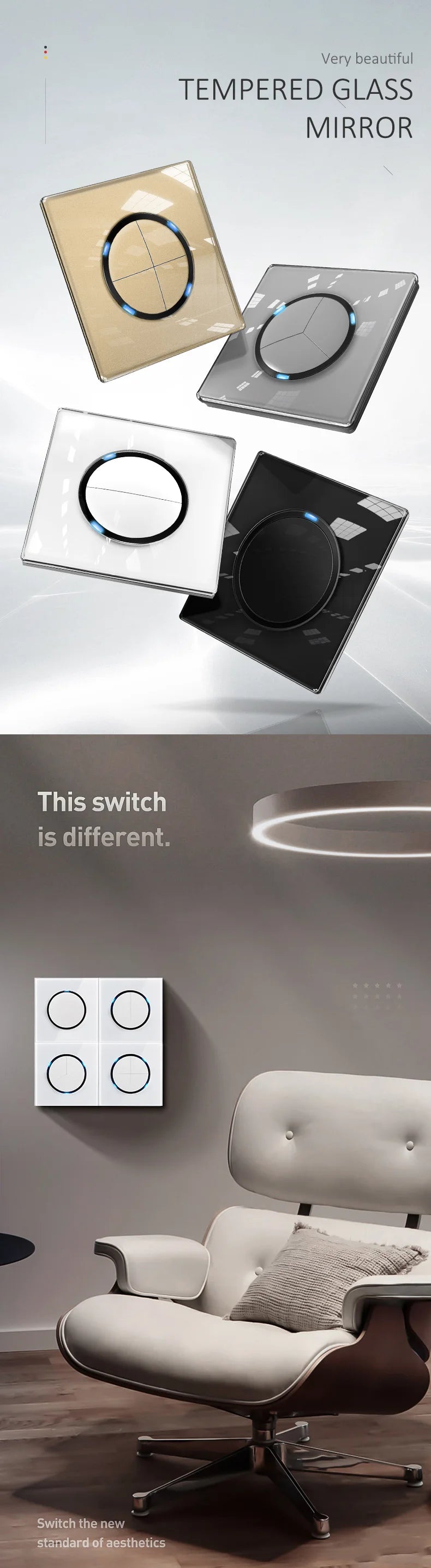 YINKA Lichtschalter mit goldener Glasscheibe für Zuhause EU Standard