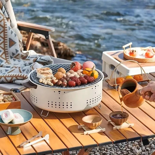 Tragbarer runder Holzkohle-Grillofen mit abnehmbarem Edelstahlrost – ideal Outdoor