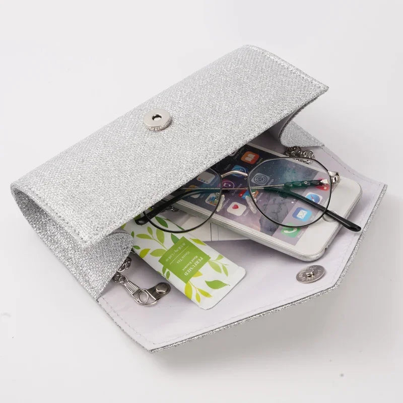 Glitzer Umschlag Handtasche mit Metallkette Damen Abendtasche Silber