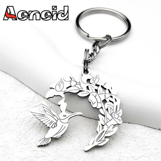 Silberfarbener Edelstahl Schlüsselanhänger Kolibri Blumen Motiv Unisex