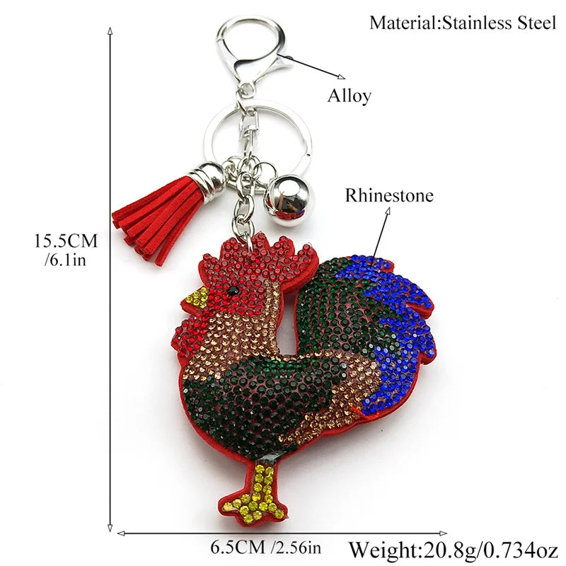 Bunter großer Hahn Schlüsselanhänger mit Kristallen Leder Metall Silbern