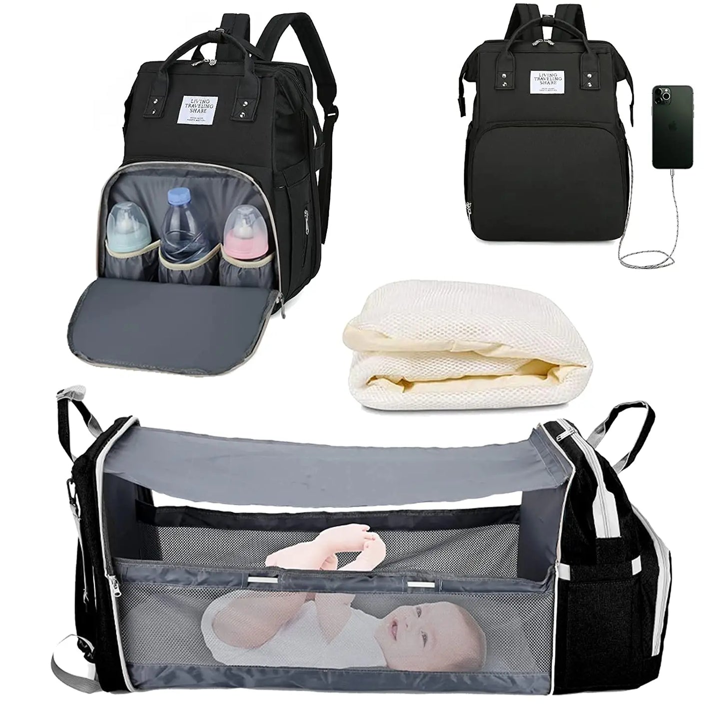Vielseitige 3in1 Wickeltasche mit USB Ladefunktion und Babybett