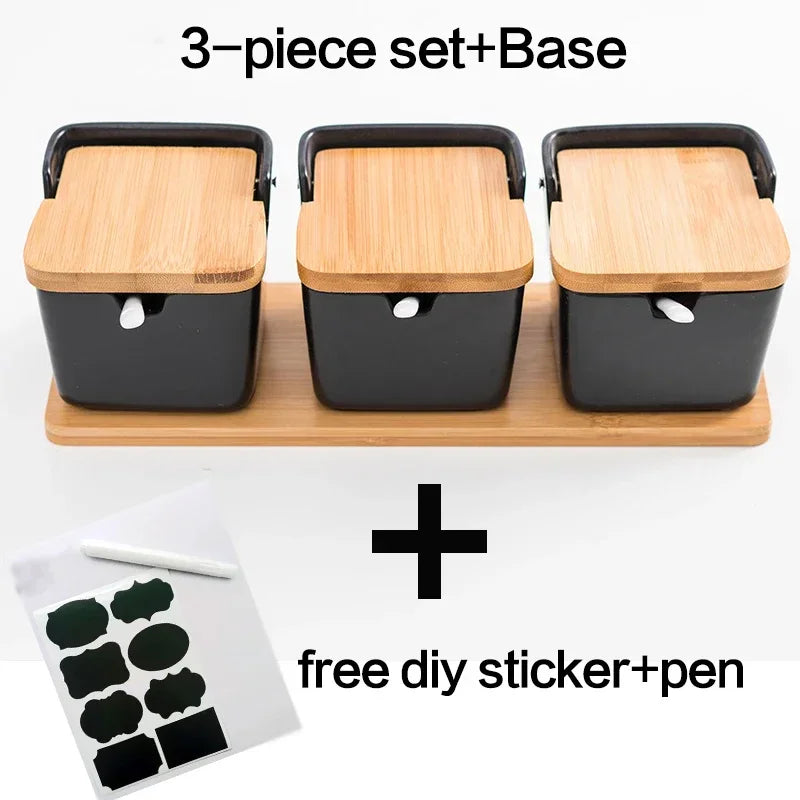 Keramik Gewürzregal mit Bambus Tablett und Holzdeckel Vorratsbehälter Set