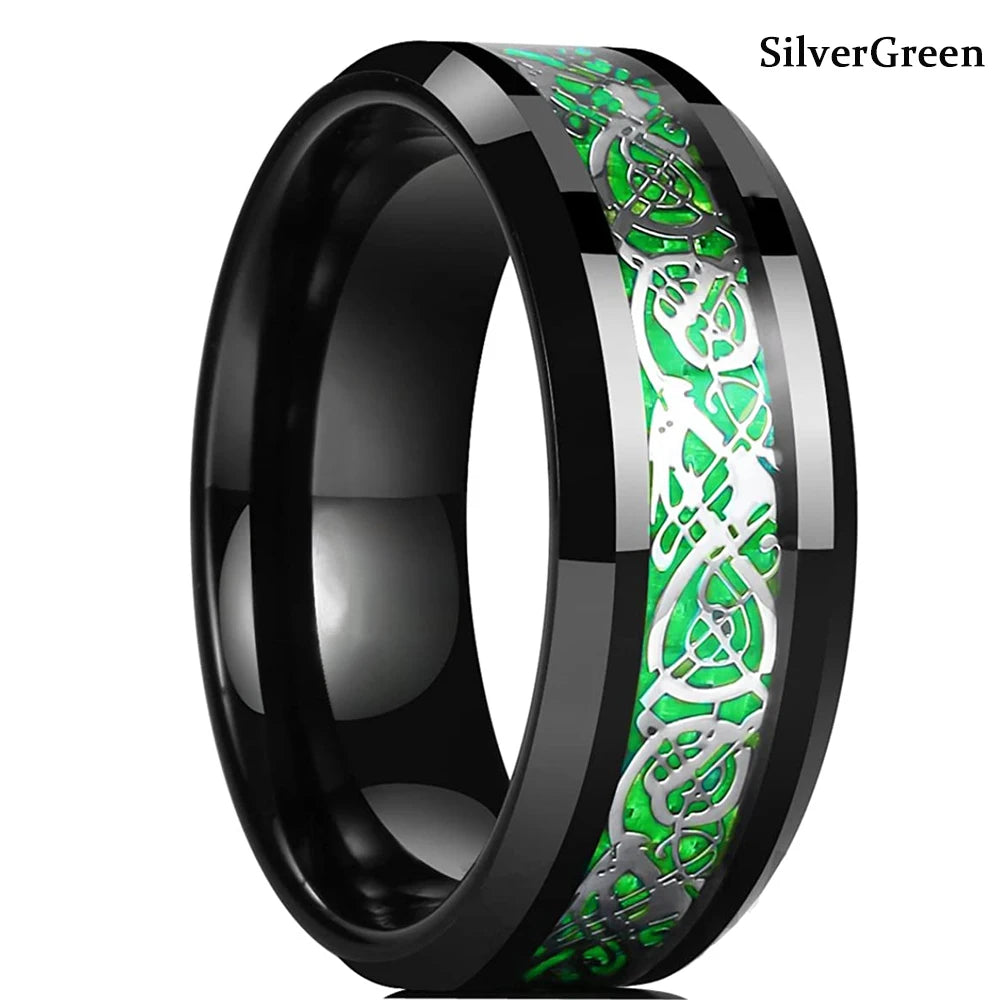 Eleganter Edelstahlring mit keltischem Drachen und Carbon Inlay