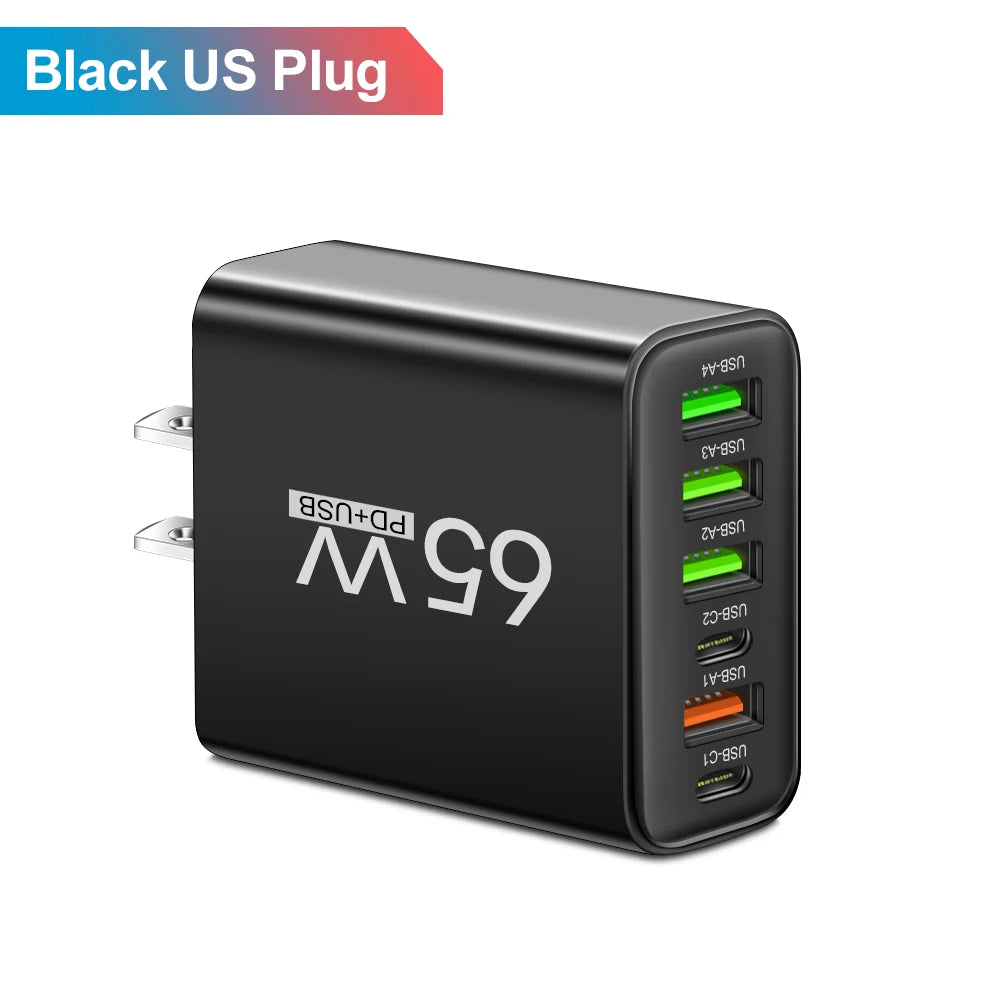 Kompaktes USB Ladegerät mit 65W und 6 Ports für schnelles Laden