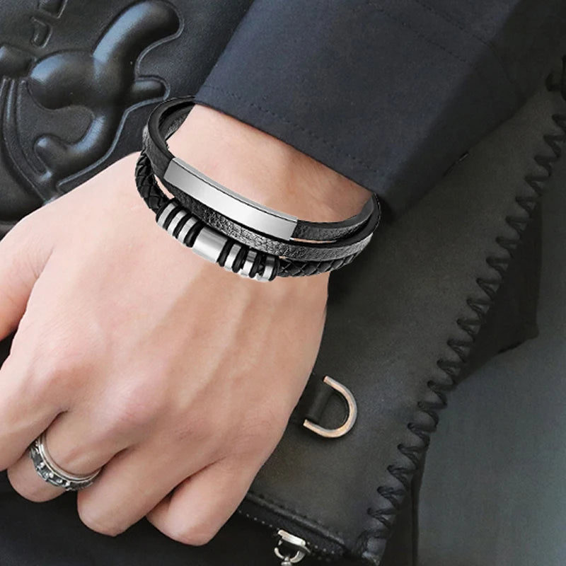 Multilayer Herren Armband aus Edelstahl und Leder mit Perlen Design