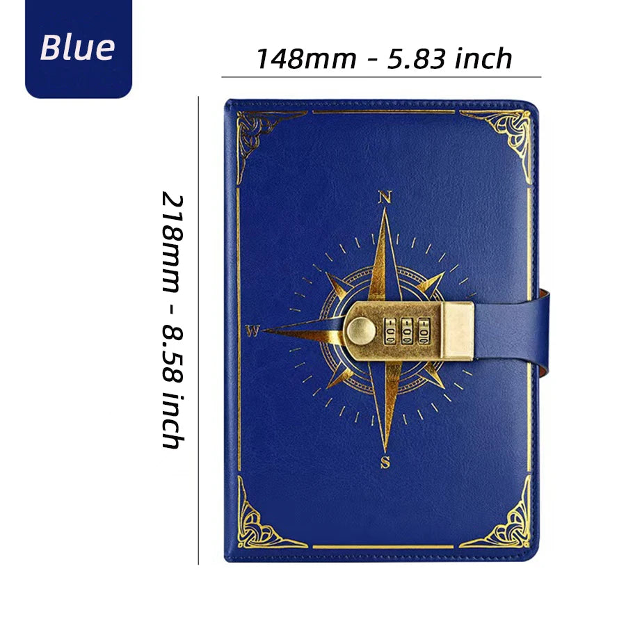 A5 Retro Passwort Notizbuch mit Schloss – PU Leder Kompass Design Tagebuch