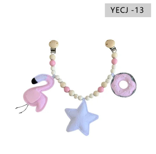 Holz-Kinderwagenclip mit Beißring und Rassel für Babys