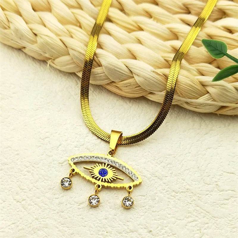 Edelstahl Halskette mit Evil Eye Anhänger und Quaste Goldfarbe