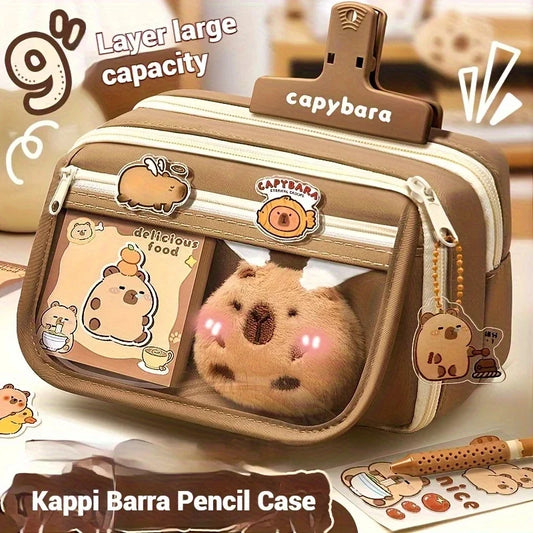 7-teiliges mehrlagiges Federmäppchen-Set mit süßem Capybara-Motiv für Schule