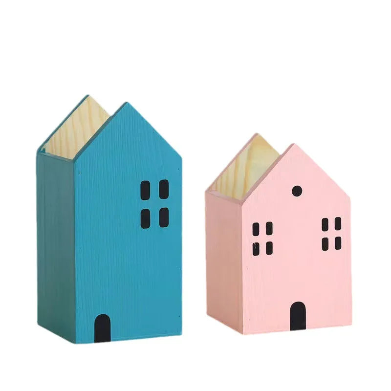 Holz Haus Stifthalter Cartoon Desktop Organizer Bleistift Make-up Pinsel Box