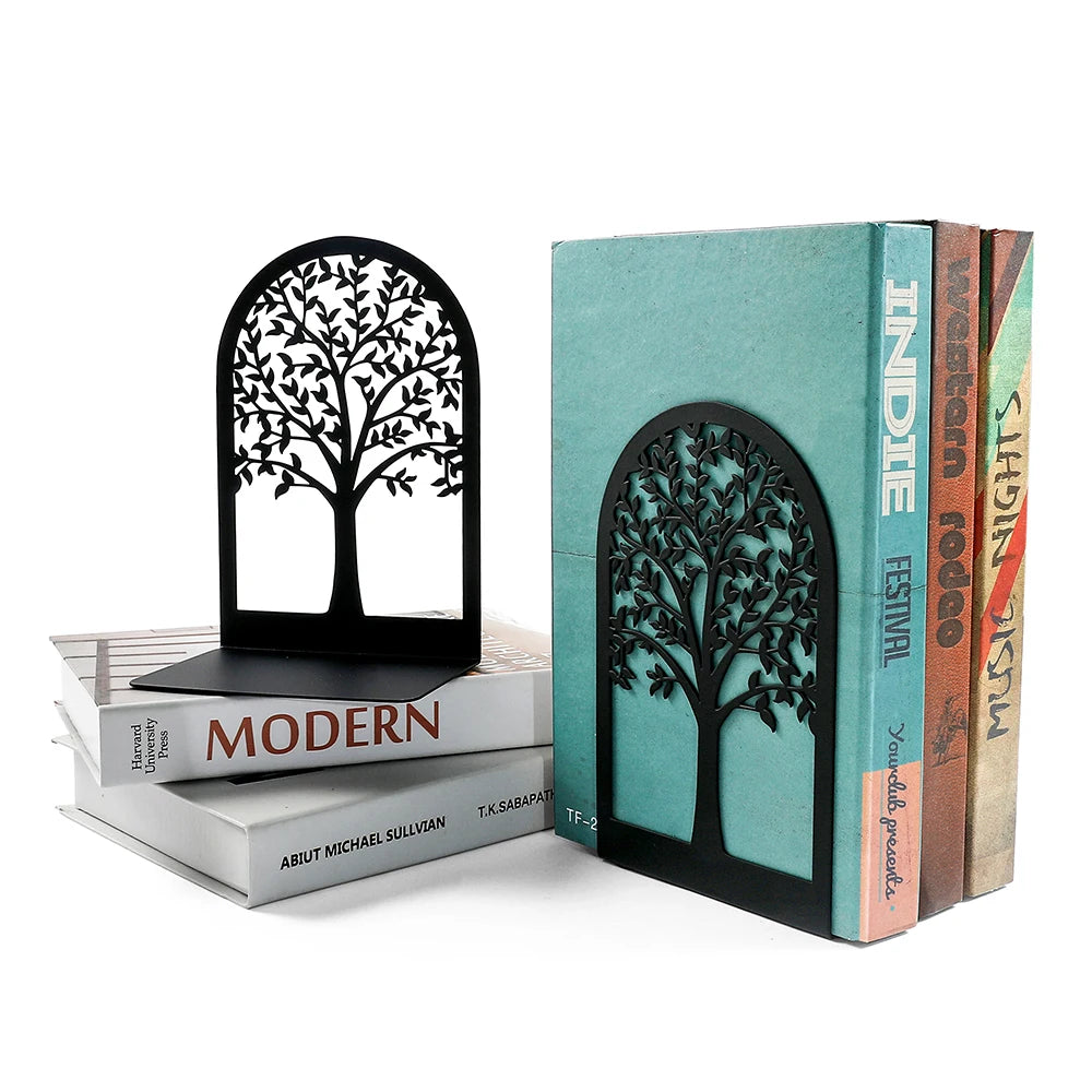 2 Stück Baum des Lebens Buchstützen schwarz für Schreibtisch und Büro