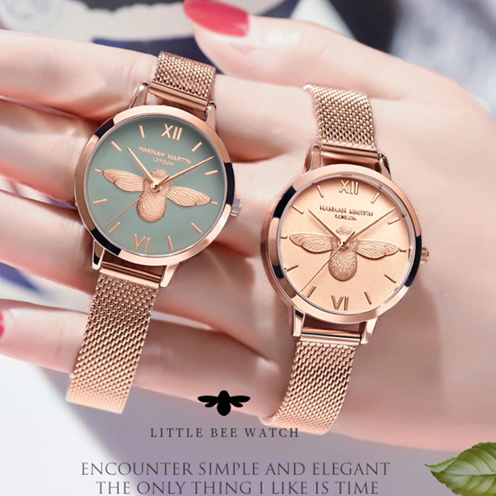 Damen Roségold Uhr Armband Set Elegante Bienen Zifferblatt Armbanduhr