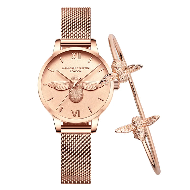 Damen Roségold Uhr Armband Set Elegante Bienen Zifferblatt Armbanduhr
