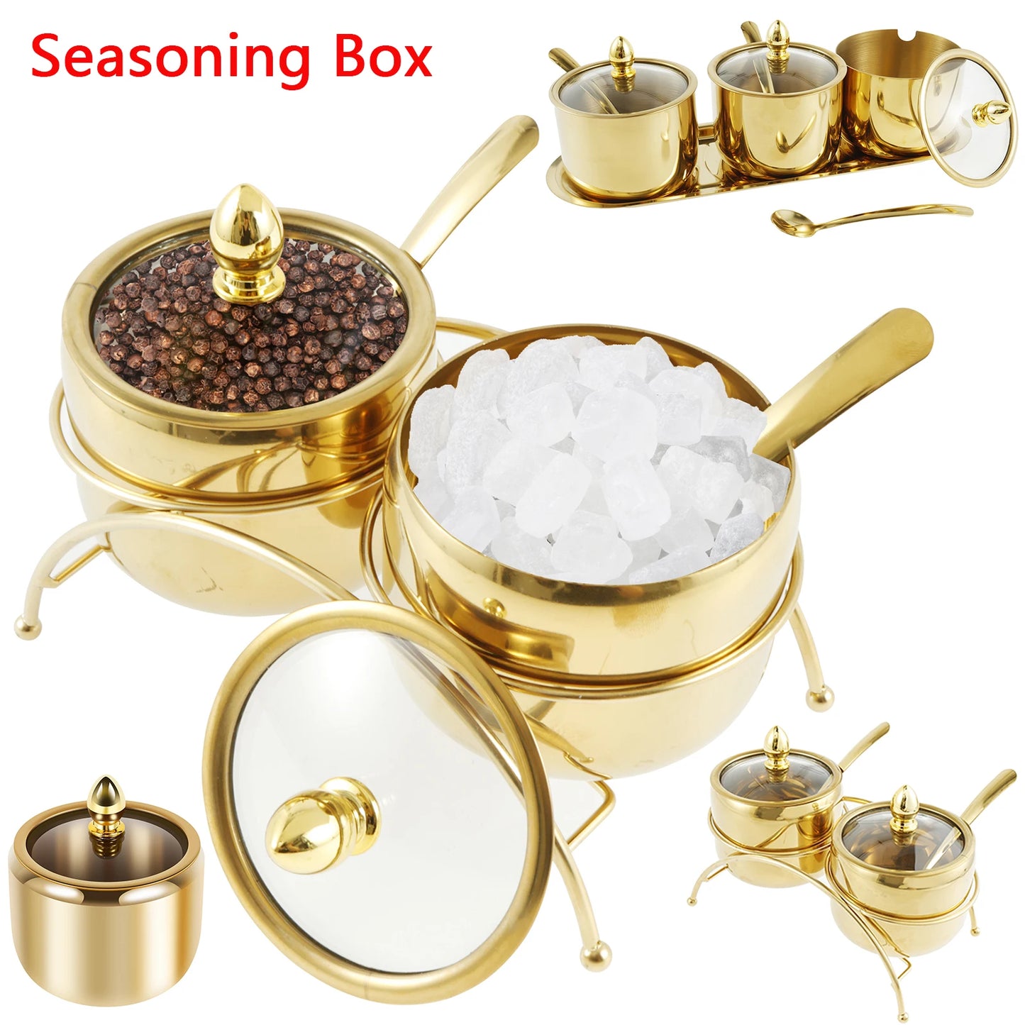 2er Set Edelstahltöpfe Gewürzbox mit Löffel Gold Gewürzregal Pfeffer