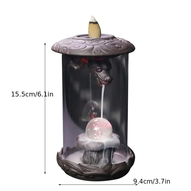 Rückfluss Räuchergefäß mit LED Feng Shui und chinesischem Drachen