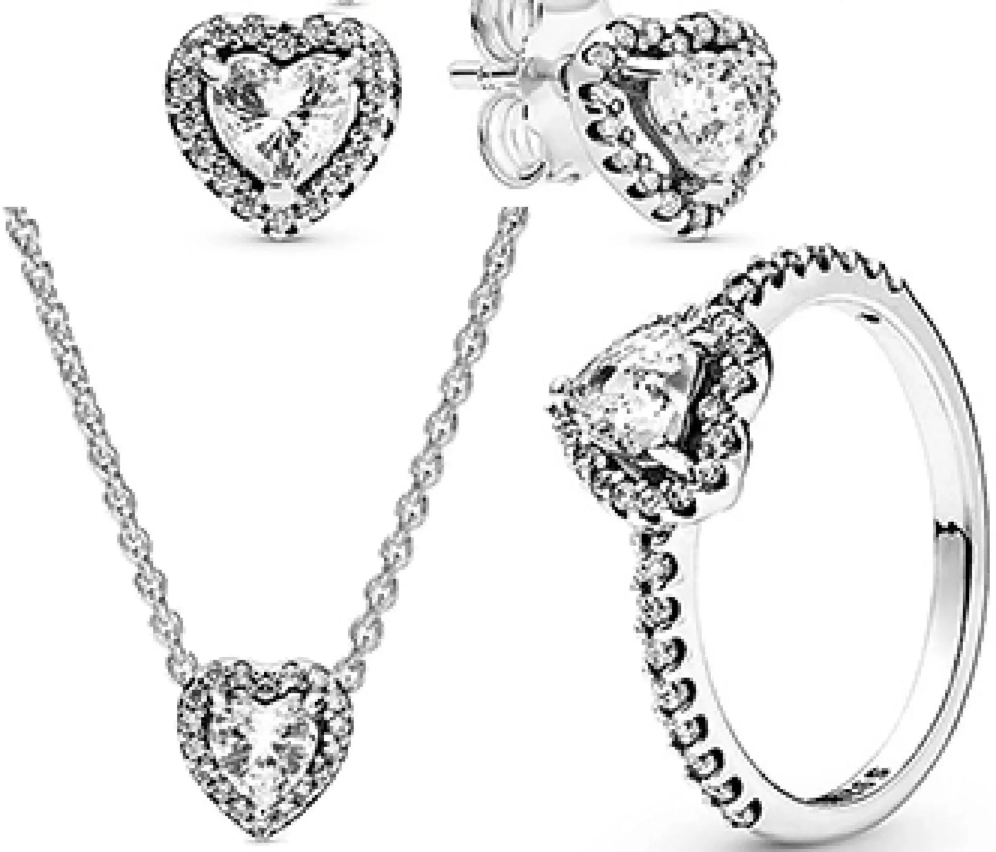 Funkelndes Schmuckset 925er Sterlingsilber Herz Ring Halskette Ohrringe