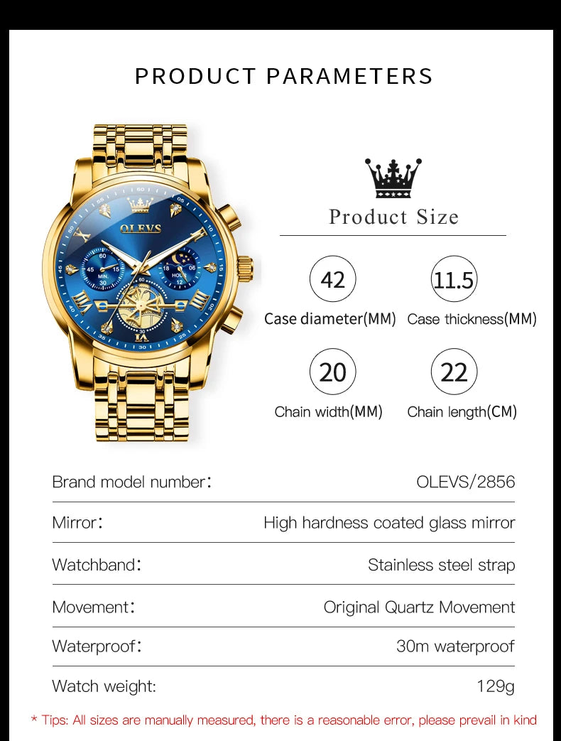 Klassische Herrenuhr mit Mondphase und Wasserdichtigkeit 3BAR