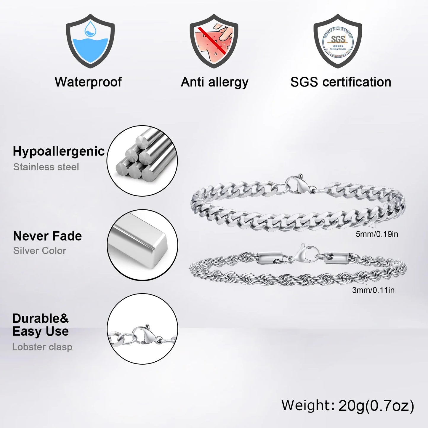 2er-Set Herren Kettenarmbänder | Edelstahl | Silber Gold Schwarz