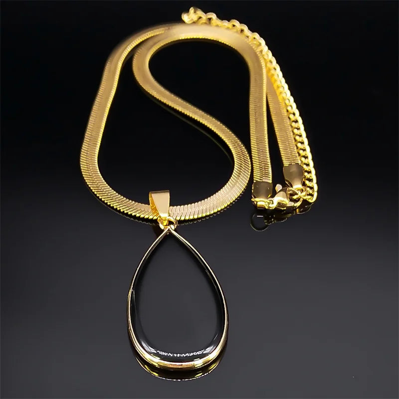 Kpop Schwarz Obsidian Wassertropfen Halskette Edelstahl Goldfarbe Damen