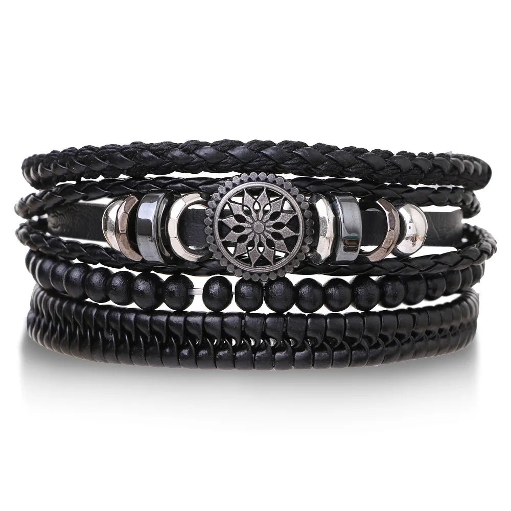 4-teiliges Herren-Lederarmband-Set mit Vintage Lebensbaum - Holzperlen