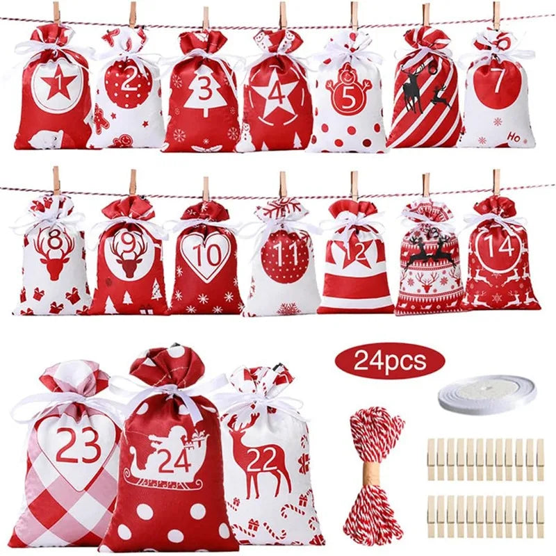 Adventskalender Geschenktüten Set 24-teilig mit Weihnachtsmotiven