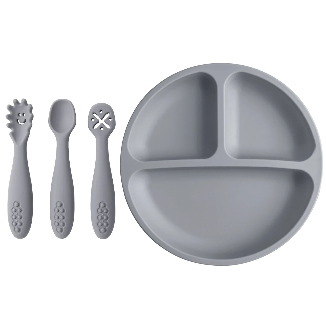 4-teiliges Silikon Baby Fütterungsset BPA-frei mit Saugplatte Löffel Gabel