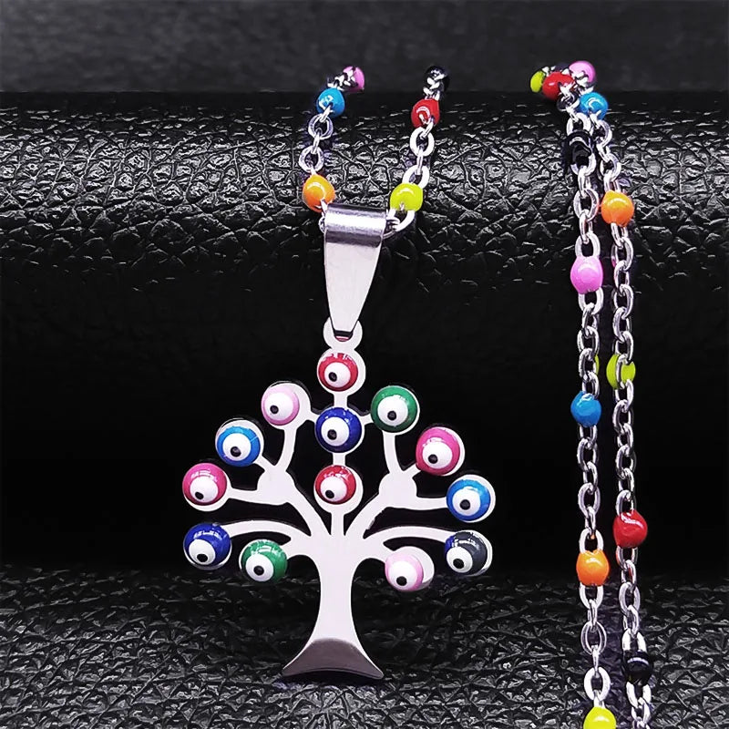 Boho Türkei Auge Baum des Lebens Edelstahl Halskette Gold Farbe 45cm