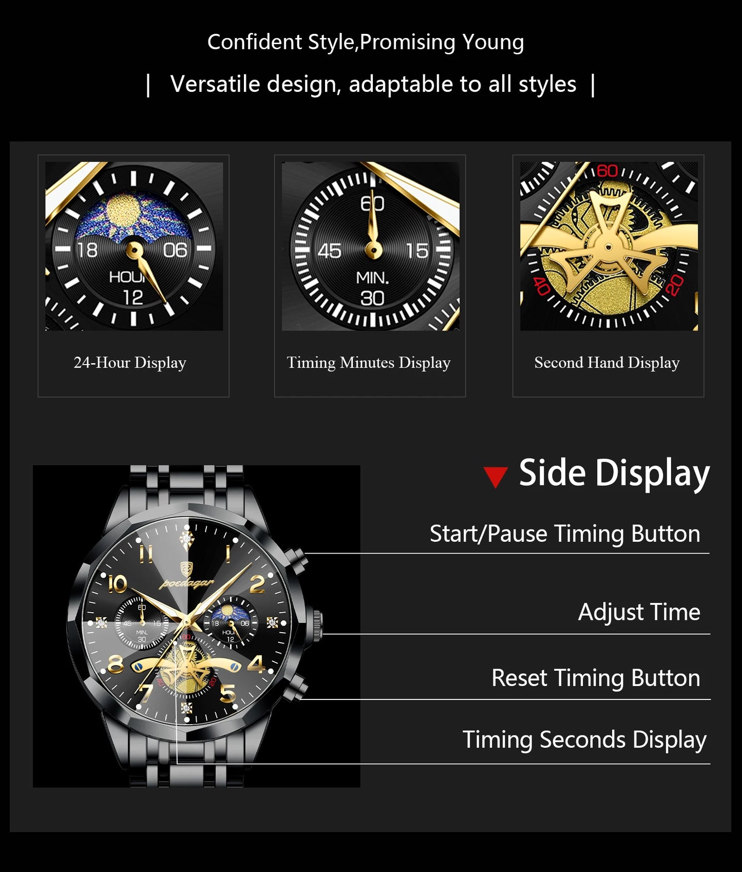 Wasserdichte Edelstahl Herrenuhr mit Chronograph und Leuchtfunktion-Yabubestshop
