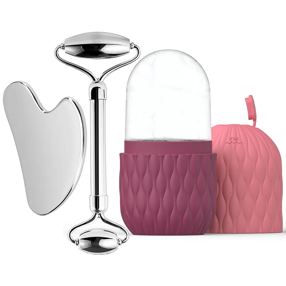 Gesichts-Roller Set: Kühlung, Massage & Hautpflege aus Silikon/Edelstahl