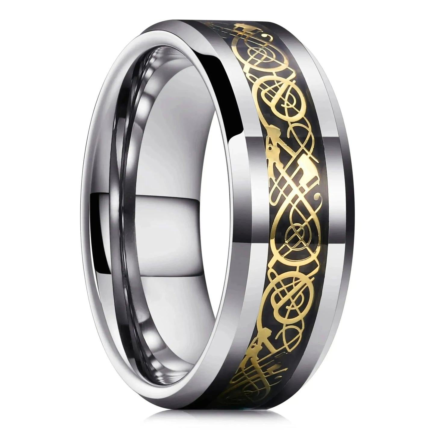 Eleganter Edelstahlring mit keltischem Drachen und Carbon Inlay