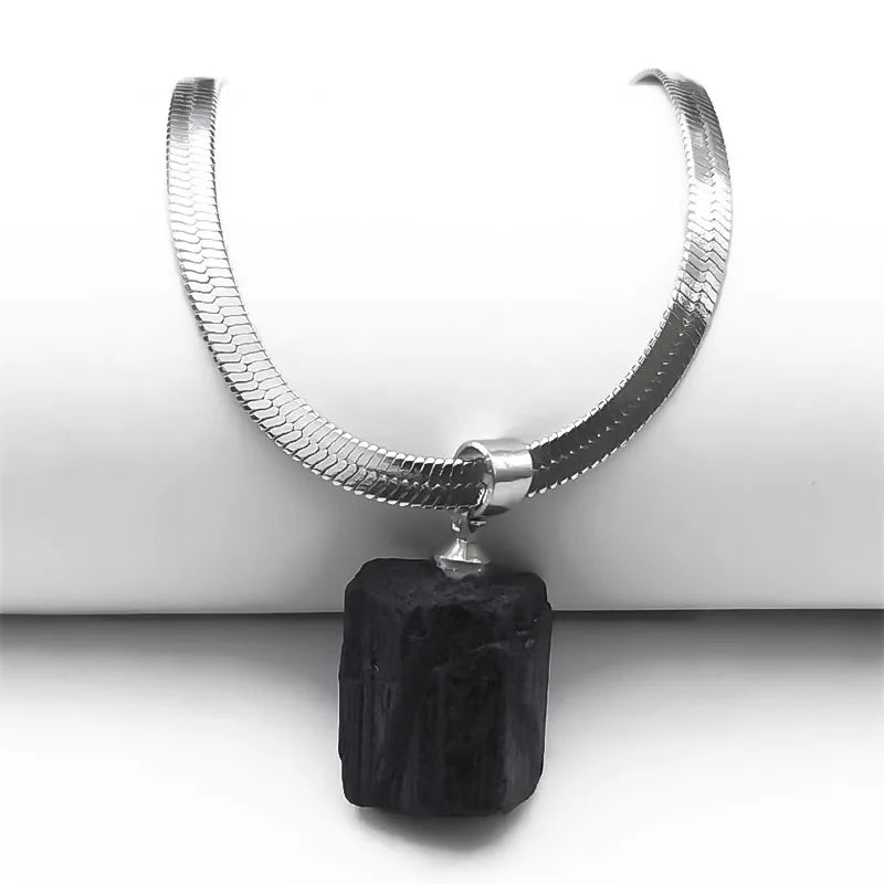 Unregelmäßige schwarze Turmalin Anhänger Halskette Edelstahl 40cm Schlange
