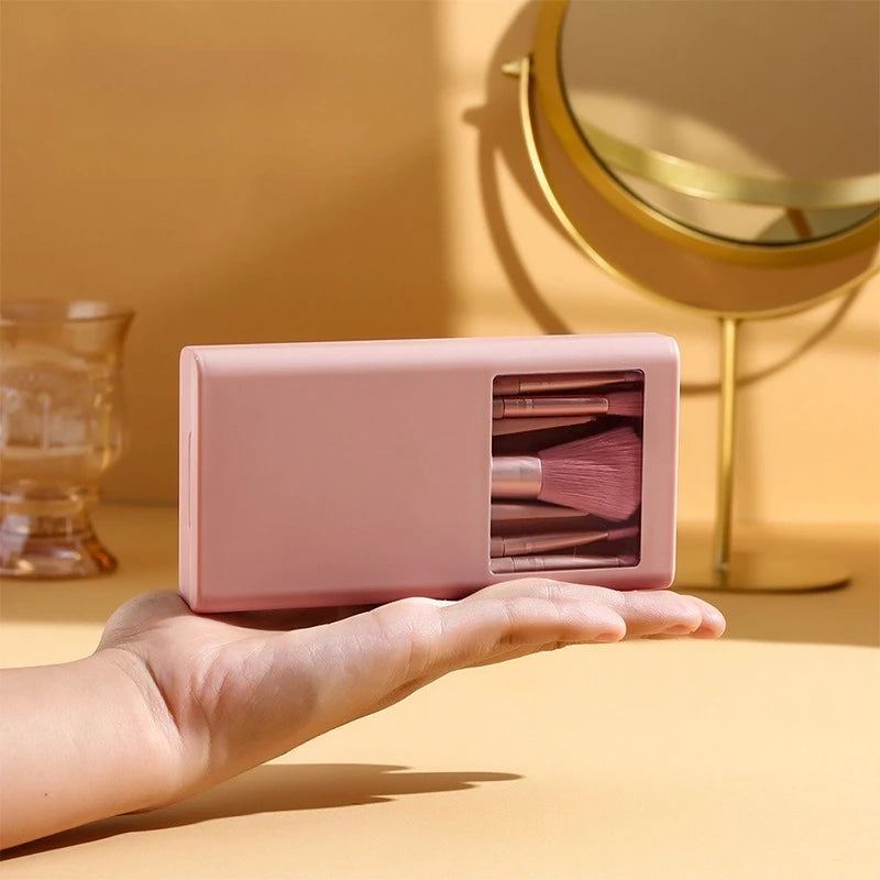 Vielseitiges 5-in-1 Make-up-Pinsel-Mini-Set Hellrosa mit Spiegel - Hartschale