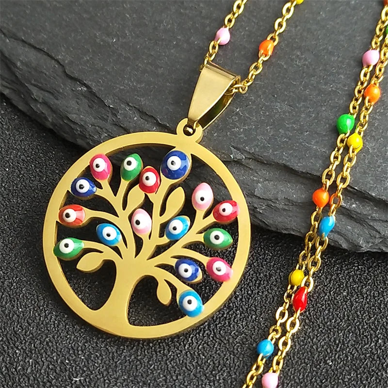 Boho Türkei Auge Baum des Lebens Edelstahl Halskette Gold Farbe 45cm