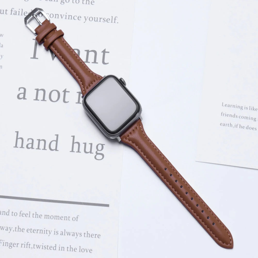 Schlankes Leder Armband für Smartwatch 38-49mm Damen Optik Metallverschluss