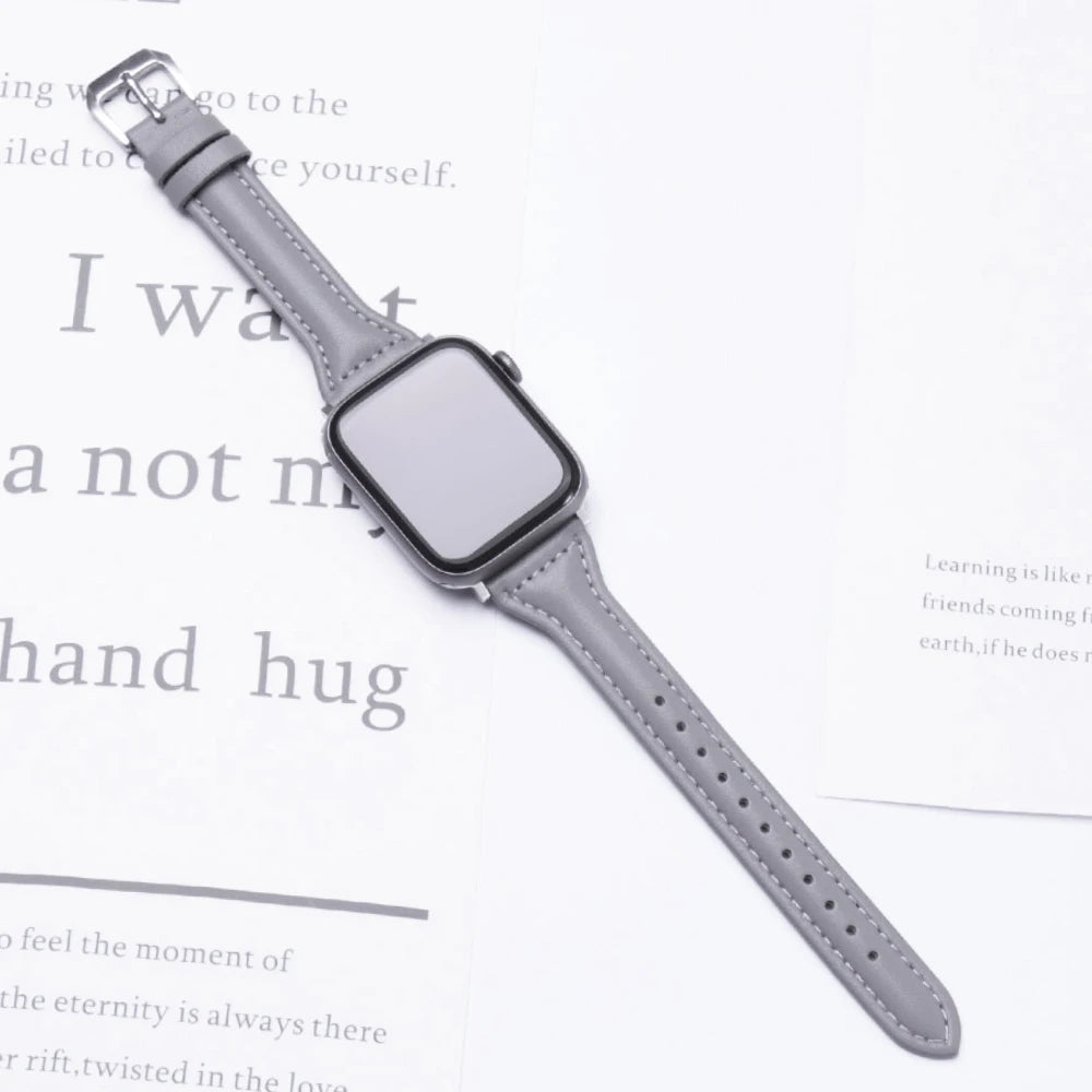Schlankes Leder Armband für Smartwatch 38-49mm Damen Optik Metallverschluss