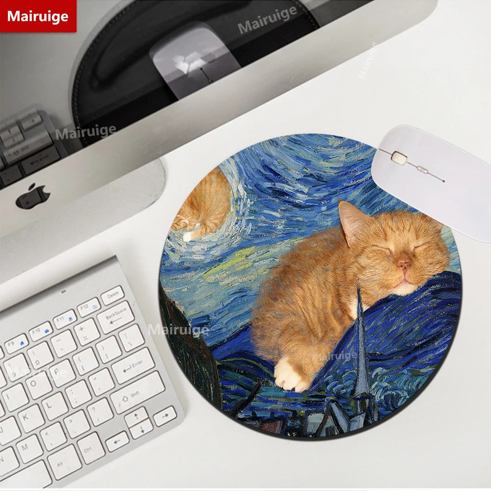 Rundes Mauspad 22cm - Niedliches Katzen Design - Van Gogh Stil für Gamer