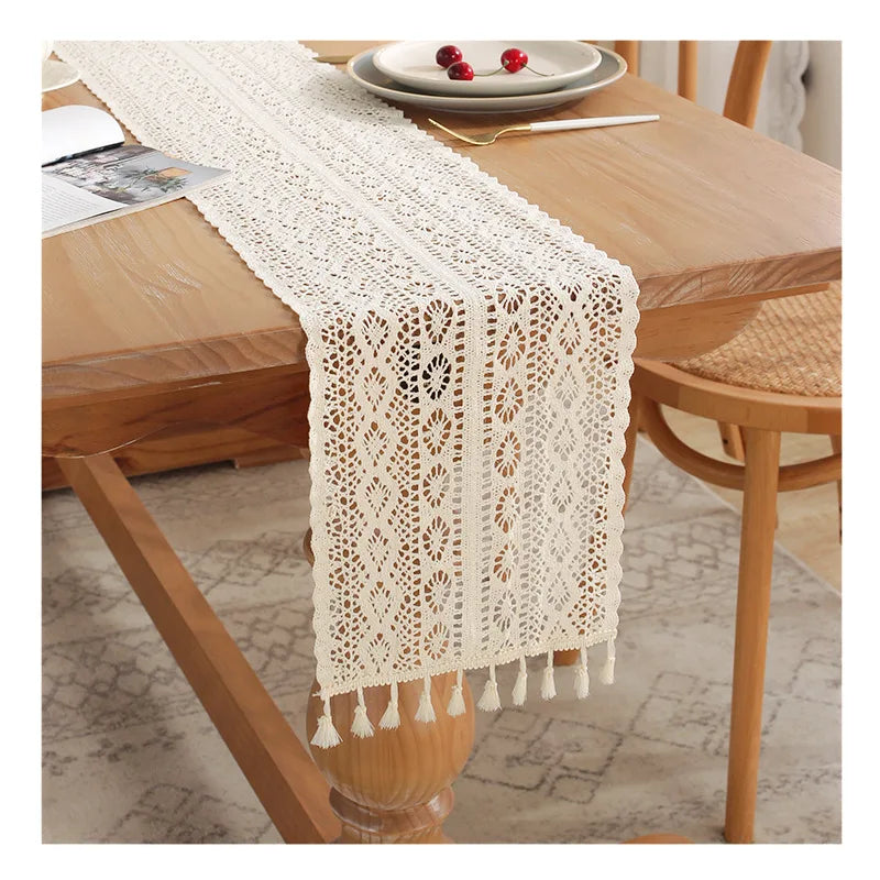 Vintage Beige Tischläufer Häkelspitze Quaste für Couchtisch Hochzeitsdeko