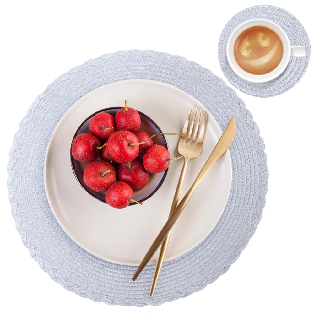 Set mit 6 runden geflochtenen Tischsets 34 cm waschbar rutschfest