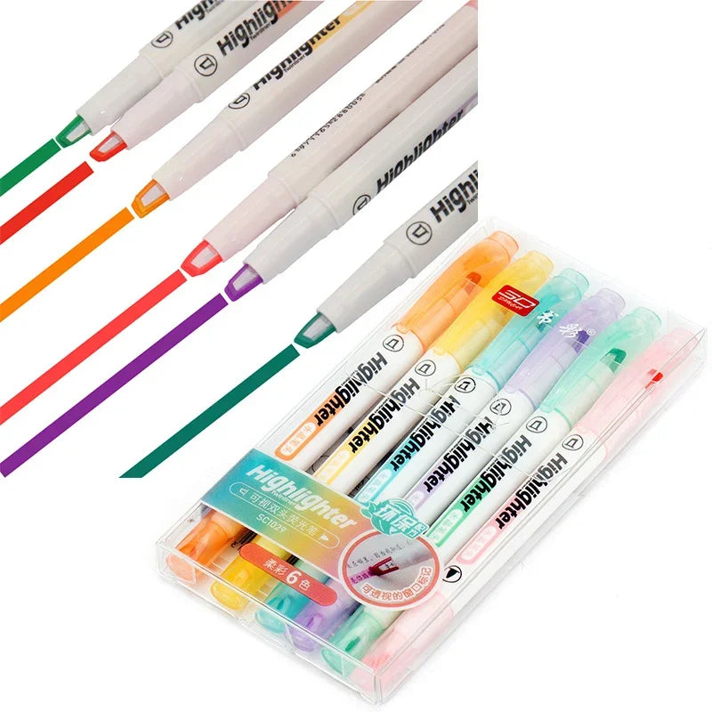 6 Farben Set Doppelkopf Pastell Textmarker für Schule und Büro