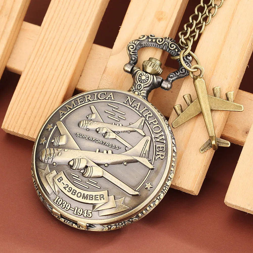 Retro Quarz Taschenuhr mit Flugzeug Anhänger Halskette