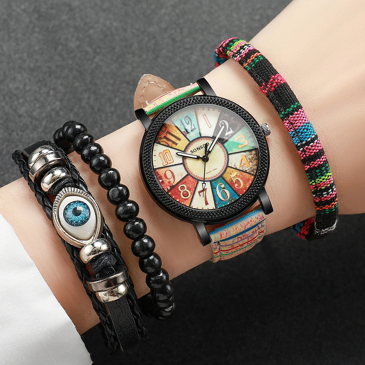 Elegantes Damenuhren Set mit PU Lederband und Quarzantrieb-Yabubestshop