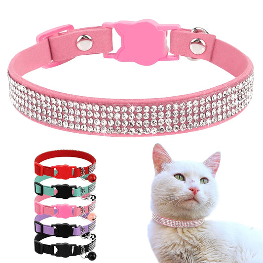 Weiches Wildleder Katzenhalsband mit Strass - Glocke – Sicher - Stilvoll