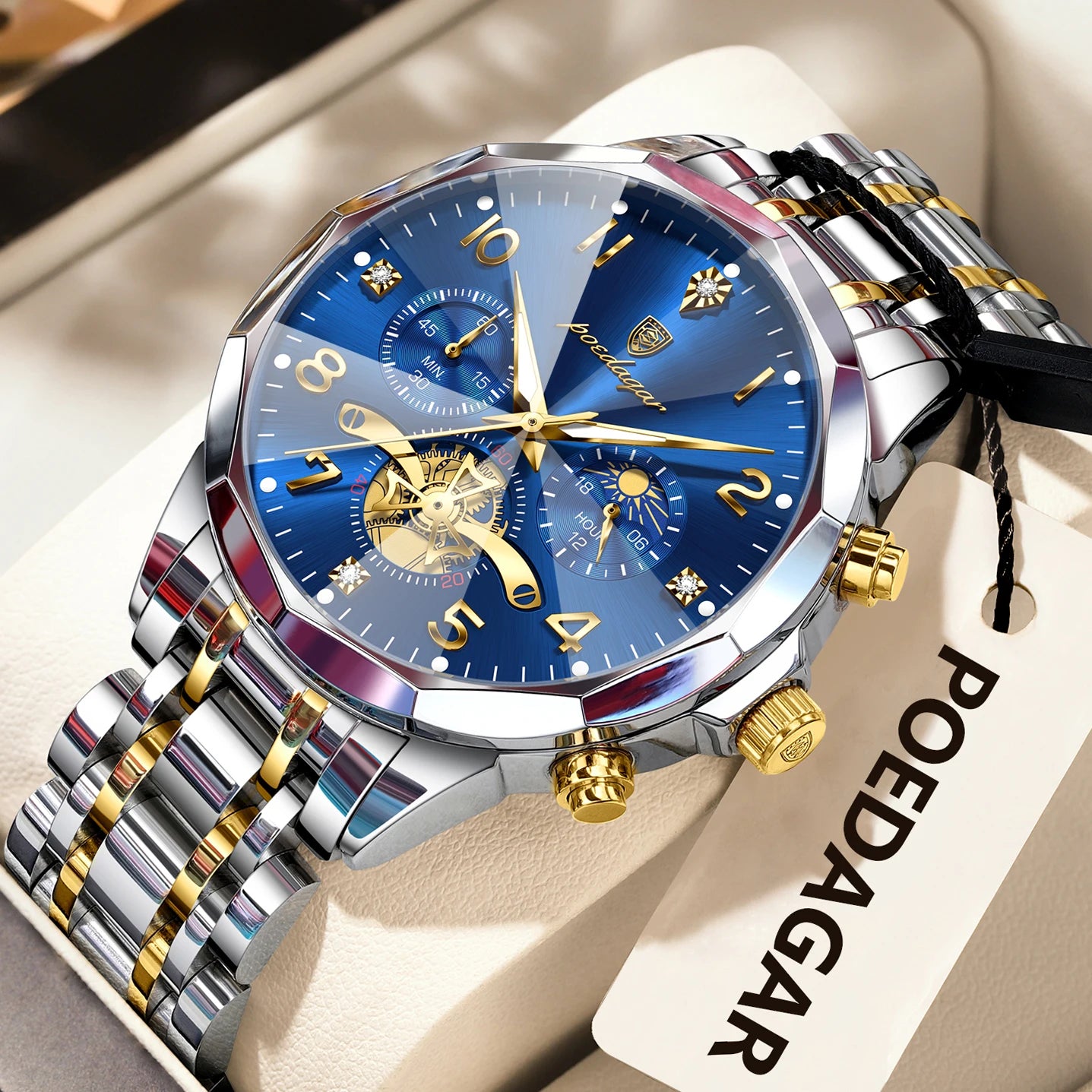 Wasserdichte Edelstahl Herrenuhr mit Chronograph und Leuchtfunktion-Yabubestshop