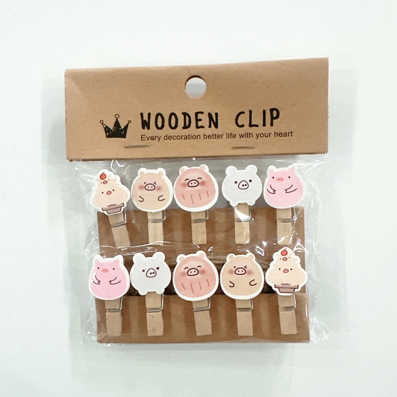 10er Set Cartoon Tier Holzclips mit Seil für Fotos Deko Basteln